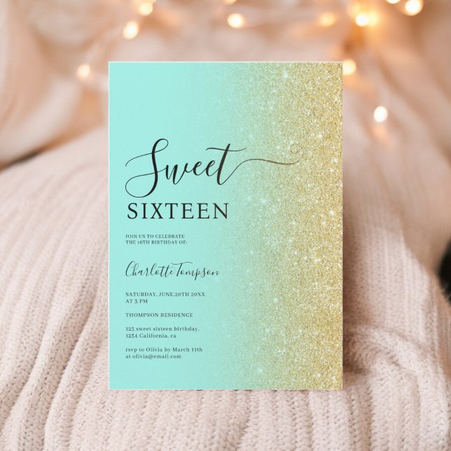 Invitación Moderno y lujoso Purpurina de oro Mint Sweet 16 (Modern Luxurious Gold Glitter Mint Sweet 16 Invitation)