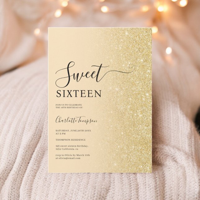 Invitación Moderno y lujoso Purpurina dorado dulce amarillo 1 (Modern Luxurious Gold Glitter Yellow Sweet 16 Invitation)