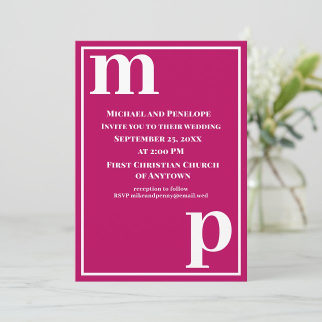 Invitación Moderno y moderno Boda de estilo monograma magenta (Anverso de pie)