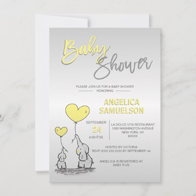 Invitación Moderno y neutro elefante amarillo suave Baby Show (Anverso)