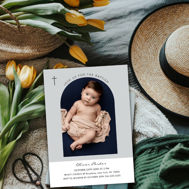Invitación Moderno y sencillo Boho Arch Cross Baby Photo Bapt (Simple Modern Boho Arch Cross Baby Photo Baptism Invitation)