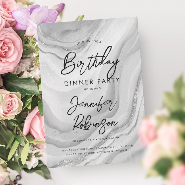 Invitación Moderno y sencillo Fiesta de la cena de cumpleaños (Simple Modern Silver Marble Birthday Dinner Party Invitation)