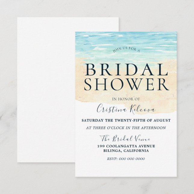 Invitación Moderno y simple acuarela Beach Bridal Shower (Anverso / Reverso)