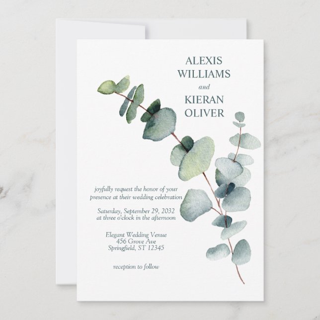 Invitación Moderno y simple Boda de bifurcación Eucalyptus (Anverso)