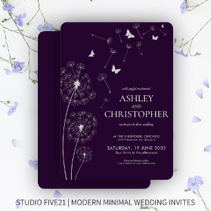 Invitación Moderno y simple Boda de Dandelion morado oscuro