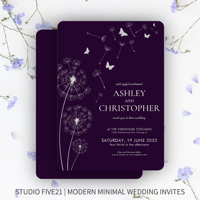 Invitación Moderno y simple Boda de Dandelion morado oscuro (Subido por el creador)