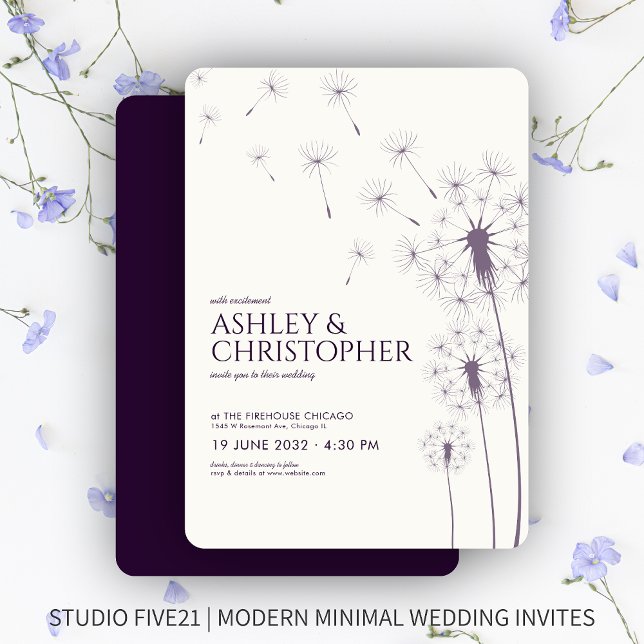 Invitación Moderno y simple Boda de Dandelion morado oscuro (Subido por el creador)