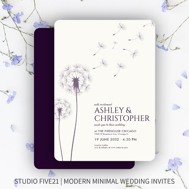 Invitación Moderno y simple Boda de Dandelion morado oscuro (Subido por el creador)