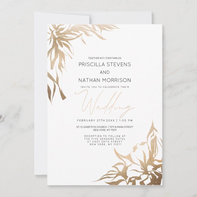 Invitación Moderno y simple Boda de Flora Abstracta de Oro (Anverso)
