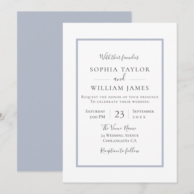 Invitación Moderno y simple Boda de guiones de borde azul (Anverso / Reverso)