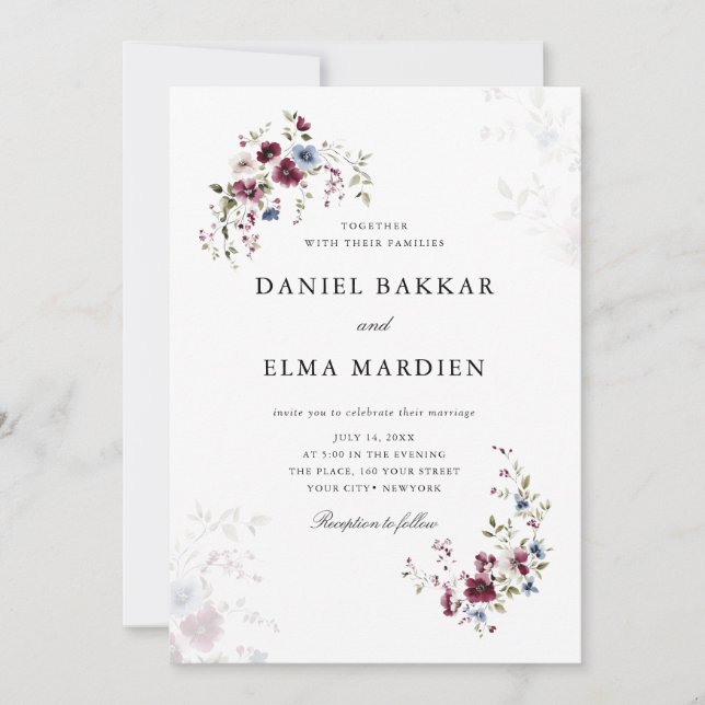 Invitación Moderno y simple Boda floral Borgoña Boho (Anverso)