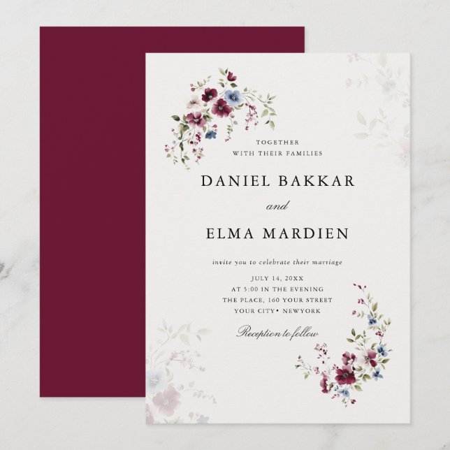 Invitación Moderno y simple Boda floral Borgoña Boho (Anverso / Reverso)