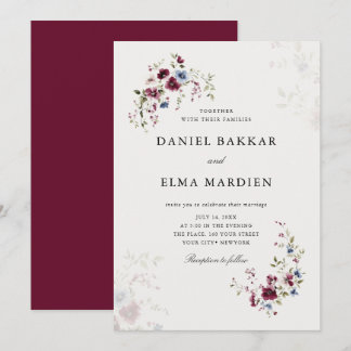 Invitación Moderno y simple Boda floral Borgoña Boho
