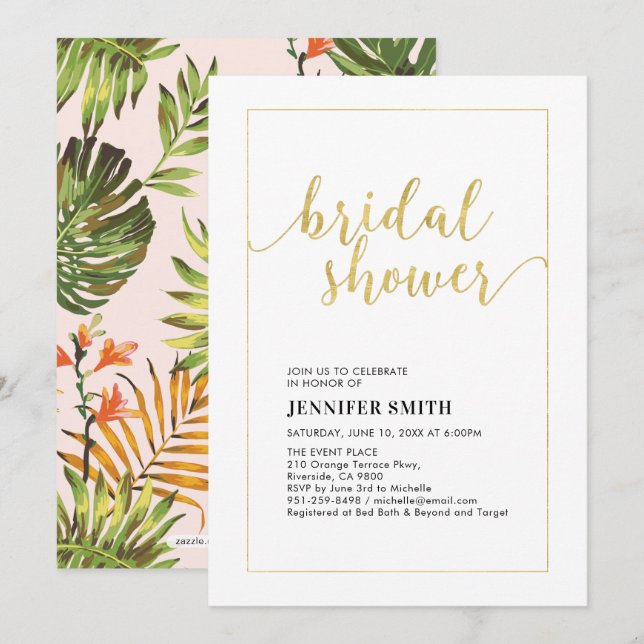 Invitación Moderno y simple Boda tropical de oro  Bridal Show (Anverso / Reverso)