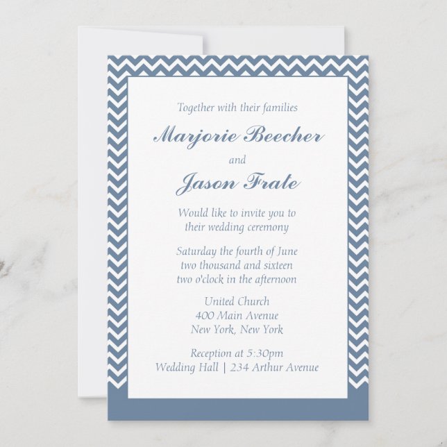 Invitación Moderno y simple Chevron Wedting Sea Blue (Anverso)
