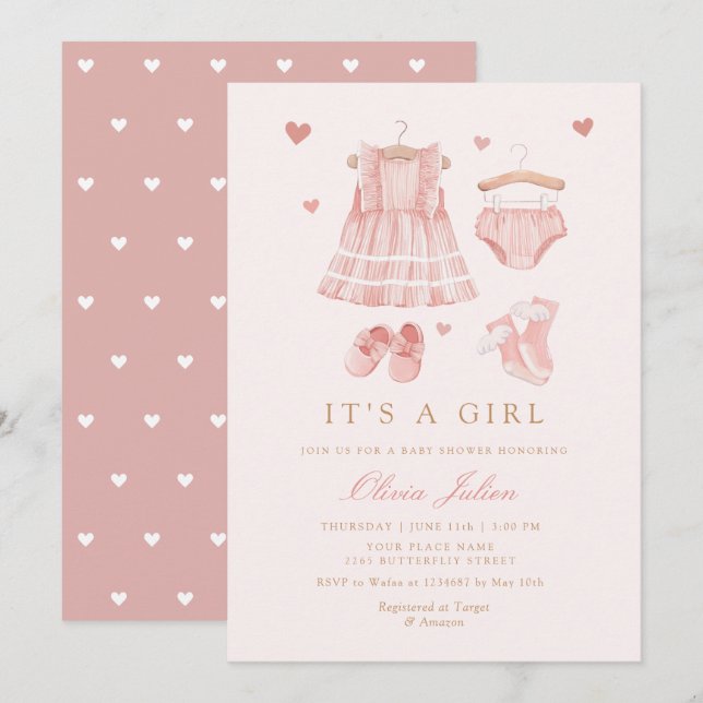 Invitación Moderno y simple Chica de ropa de boho Baby Shower (Anverso / Reverso)