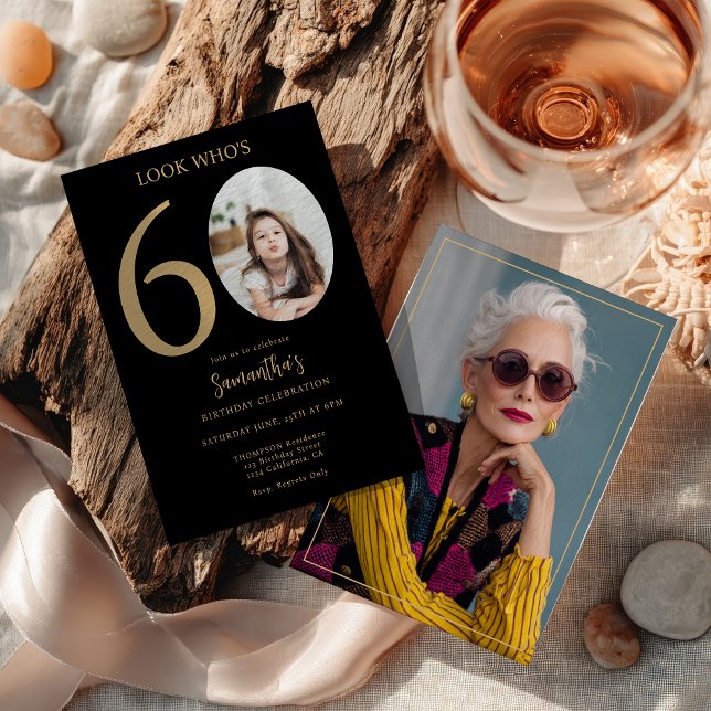 Invitación Moderno y simple diversión Black Gold 60th Birthda (Modern Simple Fun Black Gold 60th Birthday Photo Invitation)