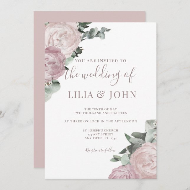 Invitación Moderno y simple floral Rubor Dusty Rosa Boda (Anverso / Reverso)