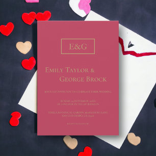 Invitación Moderno y simple guión oro Magenta Monograma Boda