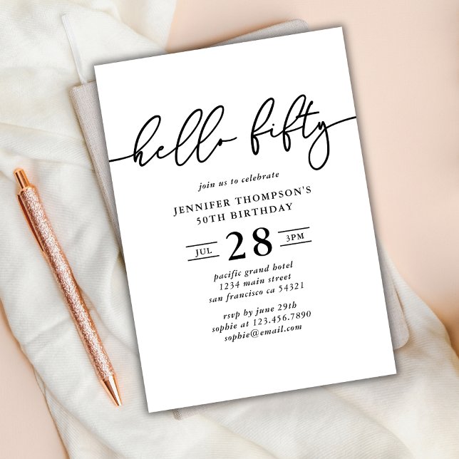 Invitación Moderno y simple Hola Cincuenta y cincuenta cumple (Subido por el creador)