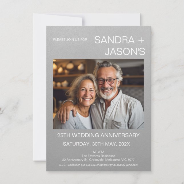 Invitación Moderno y simple plata 25 años Boda (Anverso)