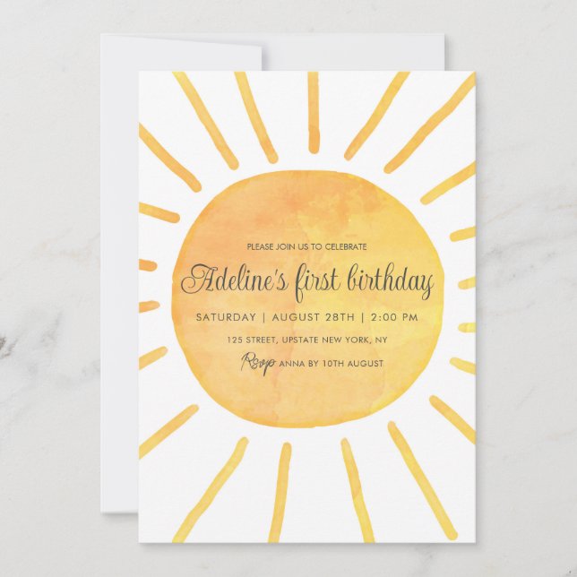 Invitación Moderno y simple Sunshine acuarela Chica Cumpleaño (Anverso)
