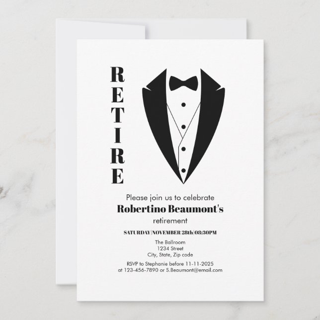 Invitación Moderno y simple Tuxedo blanco negro 50 cumpleaños (Anverso)