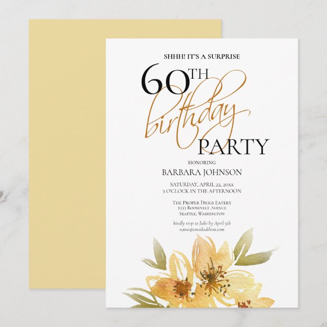 Invitación Moderno y suave sorpresa floral amarilla 60 cumple (Anverso / Reverso)