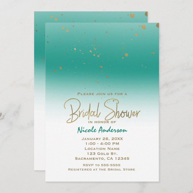 Invitación Moderno y verde azulado Glam BRIDAL DUCHA Elegante (Anverso / Reverso)