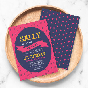 Invitación Moderno y vibrante corazón rosa y azul Cumpleaños