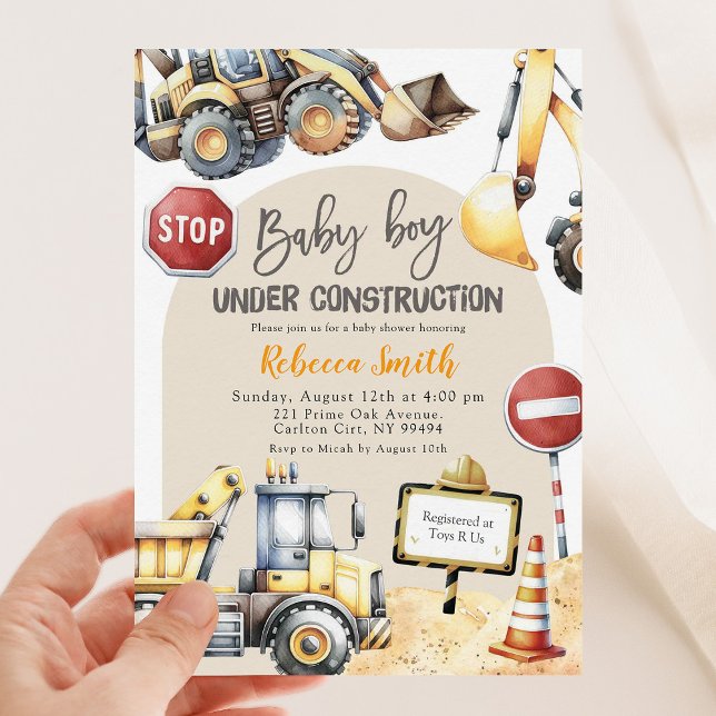 Invitación Moderno Yellow Construction Boy Baby Shower (Subido por el creador)