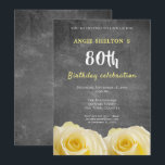 Invitación Moderno Yellow Rose Chalkboard 80th Birthday Party<br><div class="desc">Moderna invitación de fiesta de cumpleaños número 80 para ella. Invitación con una hermosa flor rosa amarilla. El fondo es una pizarra gris de diseño. El texto está en colores blanco y amarillo y es totalmente personalizable - personalizarlo con su nombre, edad, fecha, ubicación y RSVP. Perfecto para una mujer...</div>