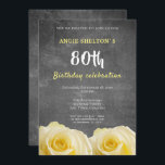 Invitación Moderno Yellow Rose Chalkboard 80th Birthday Party<br><div class="desc">Moderna invitación de fiesta de cumpleaños número 80 para ella. Invitación con una hermosa flor rosa amarilla. El fondo es una pizarra gris de diseño. El texto está en colores blanco y amarillo y es totalmente personalizable - personalizarlo con su nombre, edad, fecha, ubicación y RSVP. Perfecto para una mujer...</div>