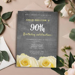 Invitación Moderno Yellow Rose Chalkboard 90th Birthday Party<br><div class="desc">La moderna invitación de cumpleaños 90 para ella. Invitación con una hermosa flor rosa amarilla. El fondo es una pizarra gris de diseño. El texto está en colores blanco y amarillo y es totalmente personalizable - personalizarlo con su nombre, edad, fecha, ubicación y RSVP. Perfecto para una mujer que celebra...</div>