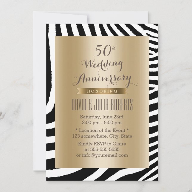 Invitación Moderno Zebra Stripes Gold 50 Aniversario Boda (Anverso)