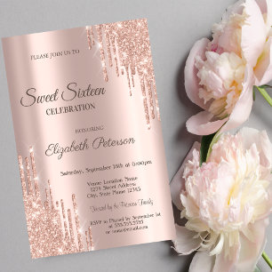Invitación Modernos Brillos Cool Drips Rosa Dorado Cumpleaños