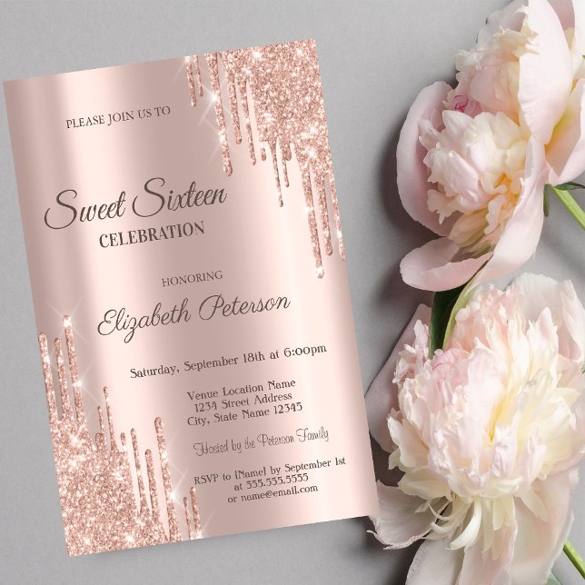 Invitación Modernos Brillos Cool Drips Rosa Dorado Cumpleaños (Subido por el creador)