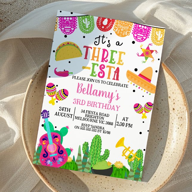 Invitación Modernos Chicas rosados 3-esta Fiesta 3 cumpleaños (Girls Three-esta 3rd Birthday Invitation, Fiesta 3rd Birthday Invitation, Cactus, Mexican fiesta,)