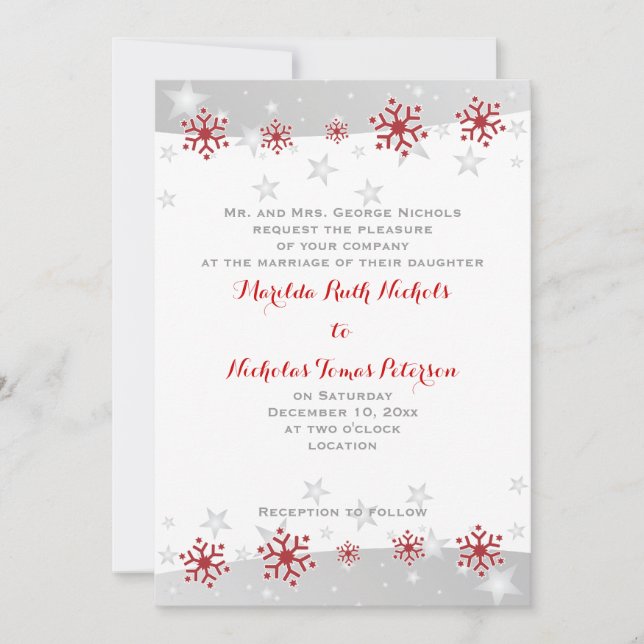 Invitación Modernos copos de nieve rojos y estrellas grises p (Anverso)