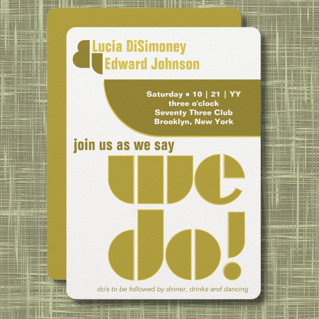 Invitación Modernos Hacemos Tipografía Geométrica Aguacate Ve (Modern geometric "we do!" wedding invitation in olive and avocado green on white.)