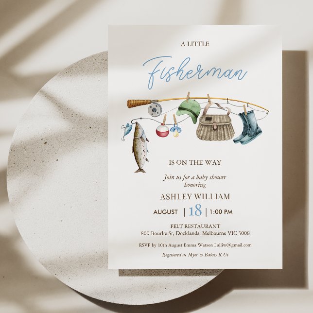Invitación Modernos niños de la raza azul que pescan Baby Sho (Fishing Baby Shower Invitation Template Baby Boy, Fishing Rod Baby Shower Invite, Little Fisherman
)