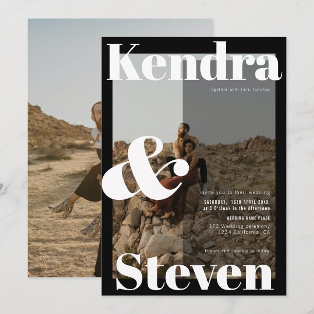 Invitación Modernos nombres en negrita boda de fotos en blanc (Anverso / Reverso)