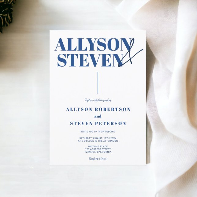 Invitación Modernos nombres en negrita guión boda de foto azu (Modern bold names script blue photo wedding invitation)