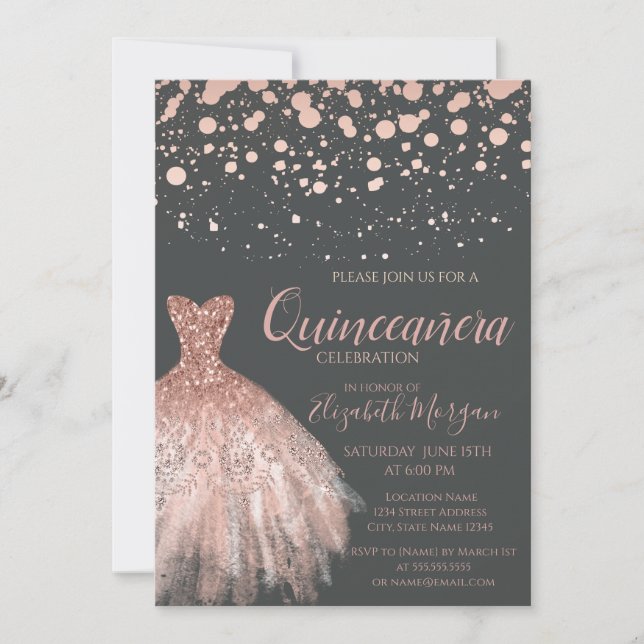 Invitación Modernos puntos de oro Rosa, vestir Quinceañera gr (Anverso)