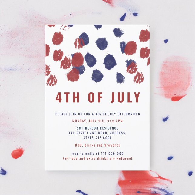 Invitación Modernos puntos rojos azules acuarela 4 de julio (Modern blue red dots watercolor 4th of July Invitation)