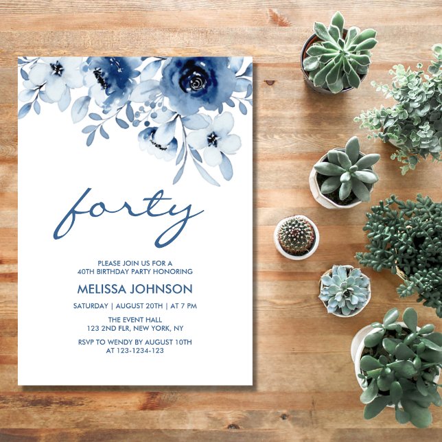 Invitación Modernos Rosas Azules Vegetación Floral 40 cumplea (Subido por el creador)
