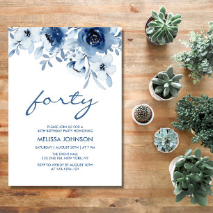 Invitación Modernos Rosas Azules Vegetación Floral 40 cumplea