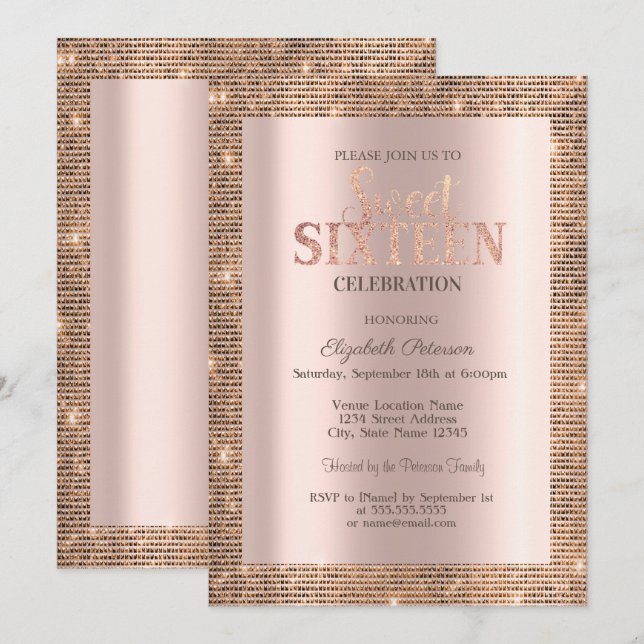 Invitación Modernos Sequins Marco Rosa Dorado Cumpleaños Dulc (Anverso / Reverso)