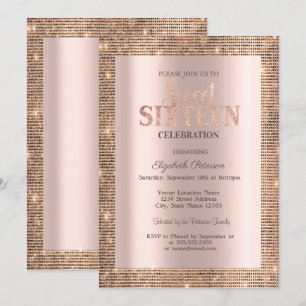 Invitación Modernos Sequins Marco Rosa Dorado Cumpleaños Dulc