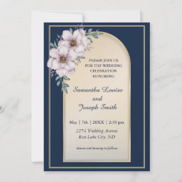 Invitación Modernos y elegantes rosas de marco dorado azul ma